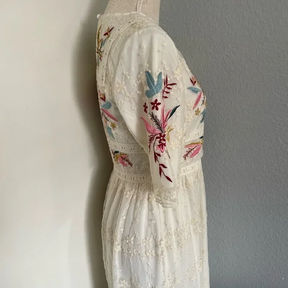 Womens Floral Embroidered Midi Ivory Dress - Picture 6 of 9
